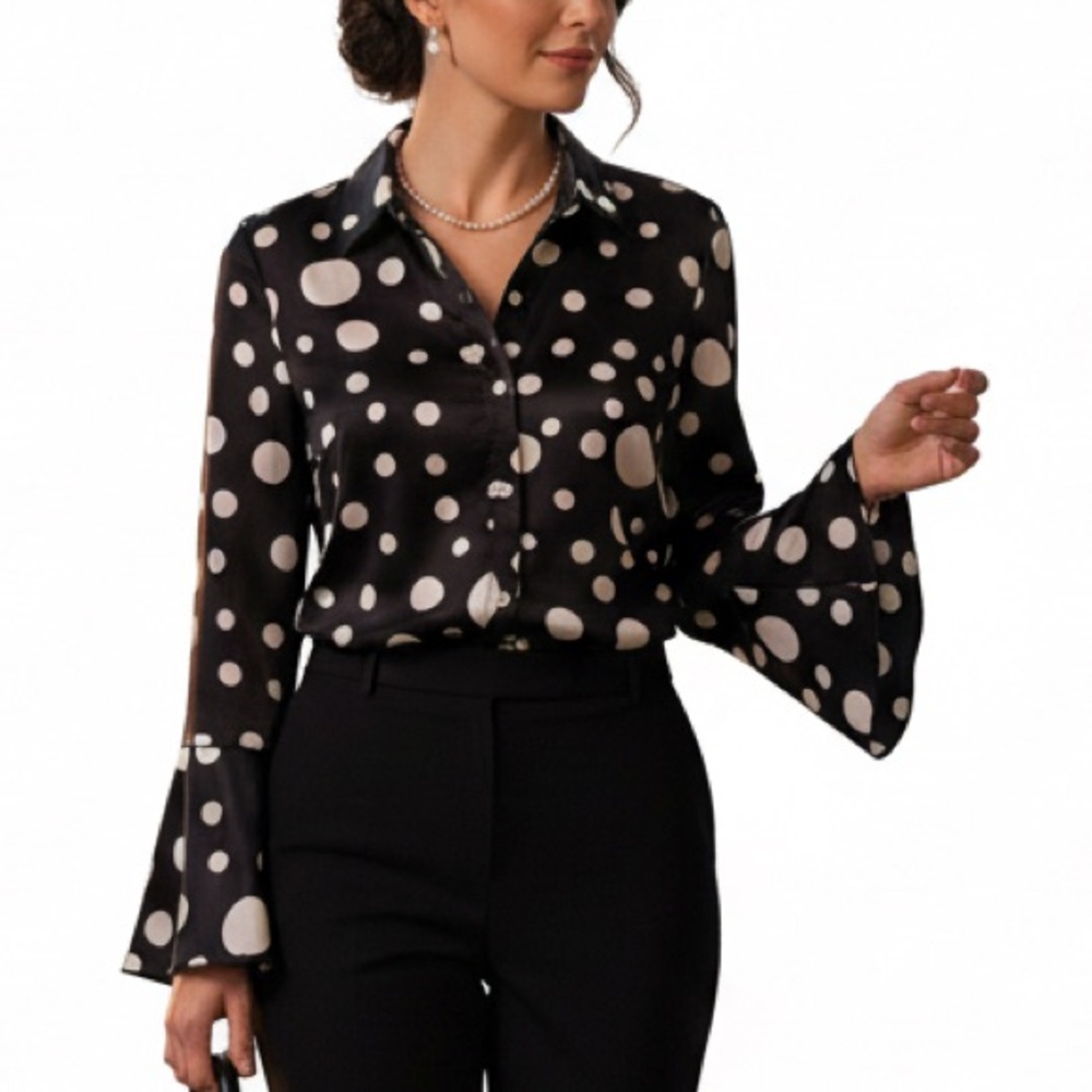 42# Polka dots + statement sleeves = instant outfit magic ✨. Blouse NWOT